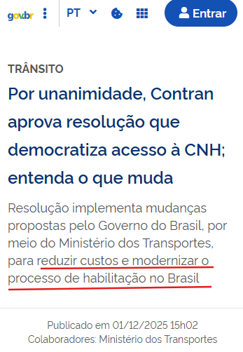 GOV.BR - CONTRAN aprova resolução que reduz custo para acesso à CNH